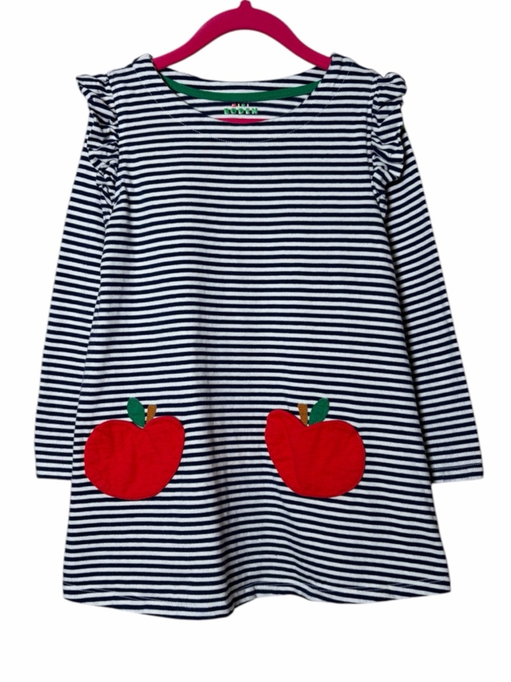 Mini Boden Apple Pocket Blue & White Striped Dress Size 6-7